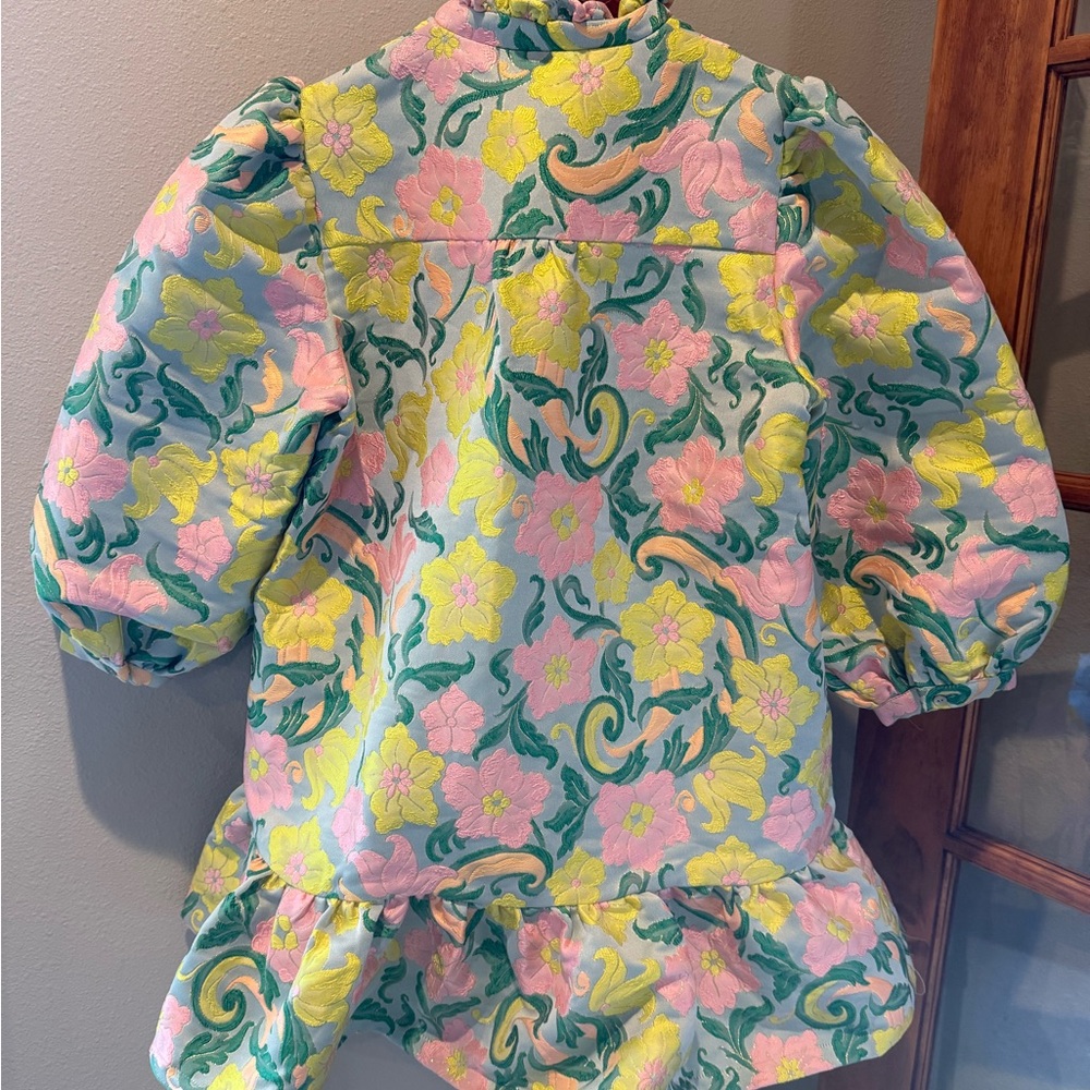 Floral Brocade Puff-Sleeve Mini Dress in Pastel Yellow & Pink - Picture 3 of 8